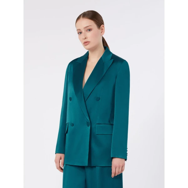 Max Mara Arca Double-Breasted Envers Satin Blazer in Oil Green | Blazers | Coveti