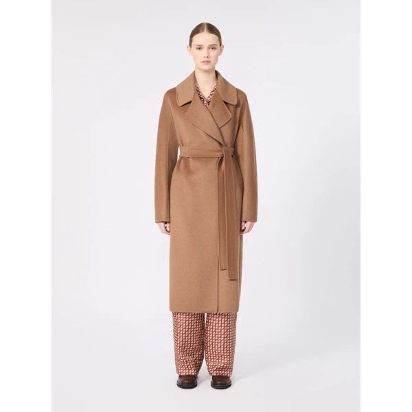 Max Mara Aris Wool, Cashmere and Angora Midi Coat in Camel | Wool Coat | Coveti