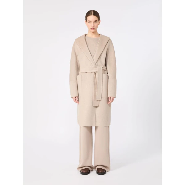 Max Mara Armonia Hooded Wool and Cashmere Robe Coat in Beige | Wool Coat | Coveti
