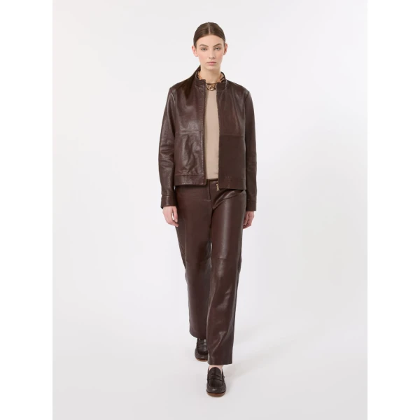 Max Mara Armony Nappa Leather Biker Jacket in Dark Brown | Leather Jackets | Coveti