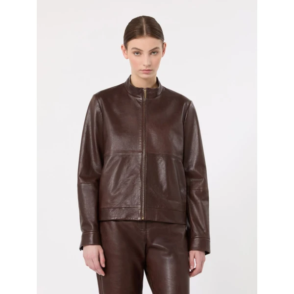 Max Mara Armony Nappa Leather Biker Jacket in Dark Brown | Leather Jackets | Coveti