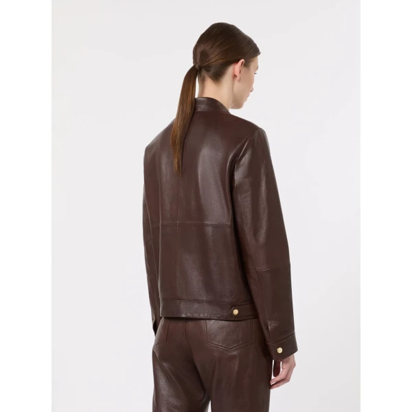 Max Mara Armony Nappa Leather Biker Jacket in Dark Brown | Leather Jackets | Coveti