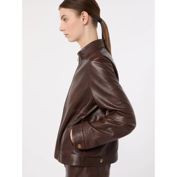 Max Mara Armony Nappa Leather Biker Jacket in Dark Brown | Leather Jackets | Coveti