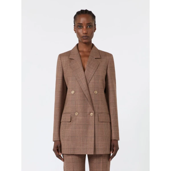 Max Mara Astrale Double-Breasted Glen Plaid Wool Blazer in Camel | Blazers | Coveti