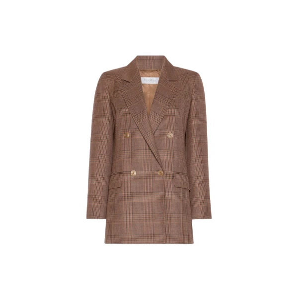 Astrale Double-Breasted Glen Plaid Wool Blazer in Camel