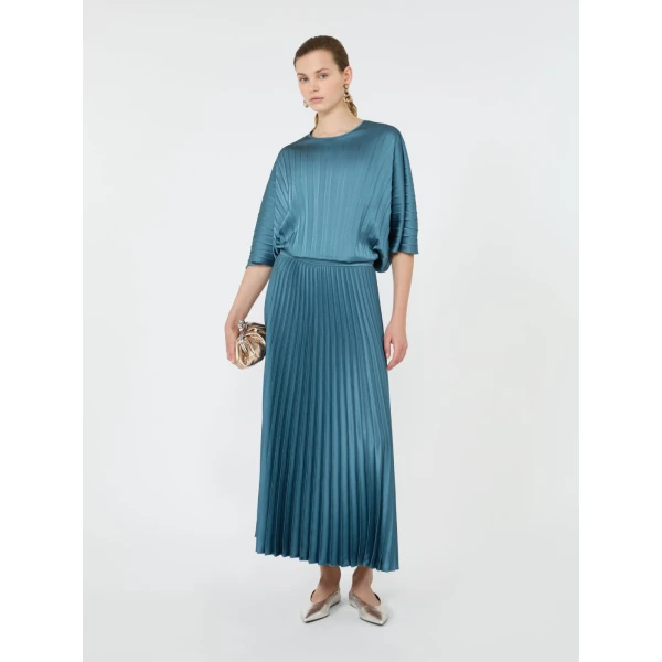 Max Mara Aureo Pleated Satin Blouse in Blue Azure | Blouse | Coveti