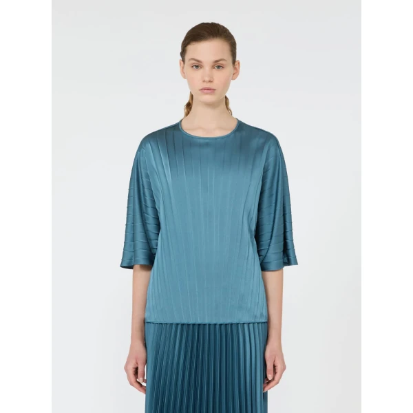 Max Mara Aureo Pleated Satin Blouse in Blue Azure | Blouse | Coveti