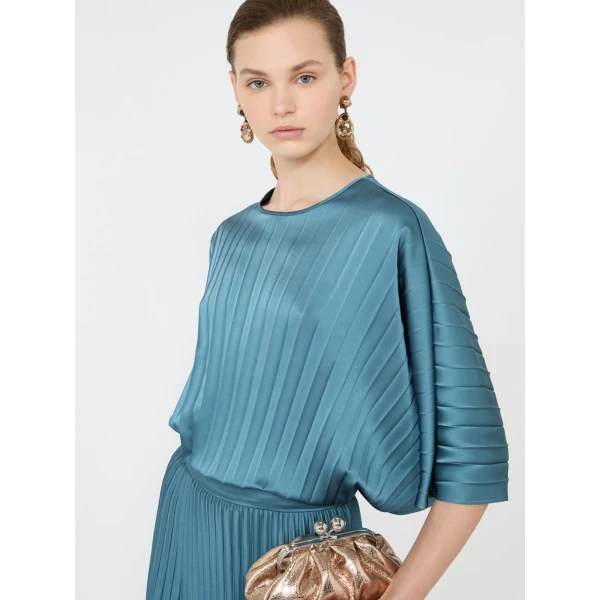 Max Mara Aureo Pleated Satin Blouse in Blue Azure | Blouse | Coveti