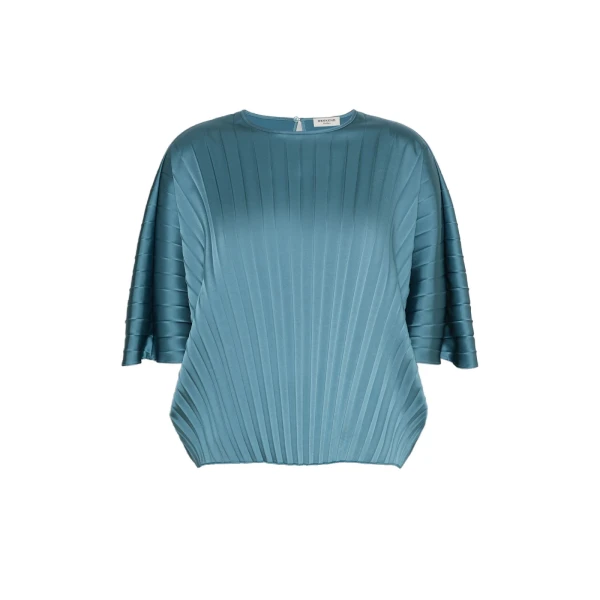 Max Mara Aureo Pleated Satin Blouse in Blue Azure | Blouse | Coveti