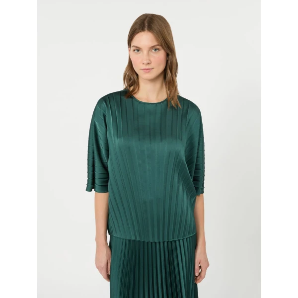 Max Mara Aureo Pleated Satin Blouse in Dark Green | Blouse | Coveti