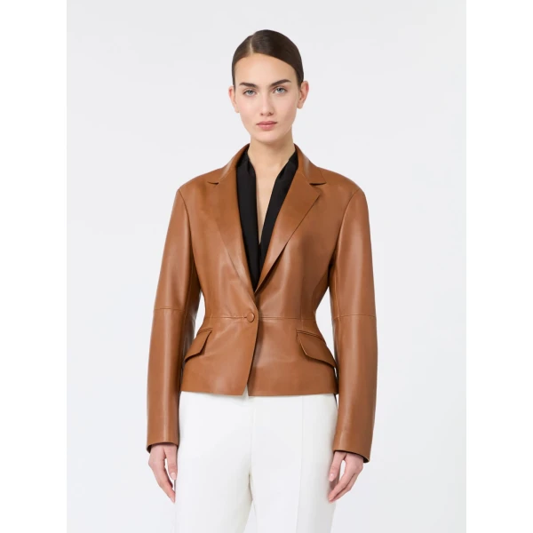 Max Mara Avenue Single-Breasted Nappa Leather Jacket in Tobacco | Leather Jackets | Coveti