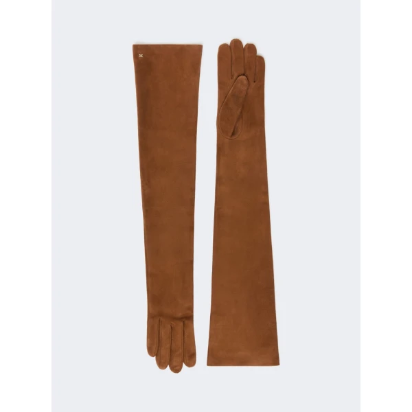 Max Mara Azzurro Extra Long Suede Gloves in Orange | Gloves | Coveti
