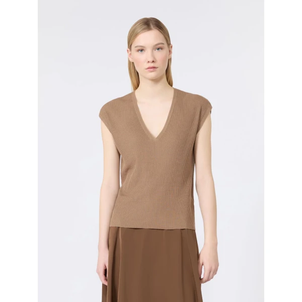 Max Mara Bacca Ribbed Wool Gilet in Camel | Sweaters | Coveti