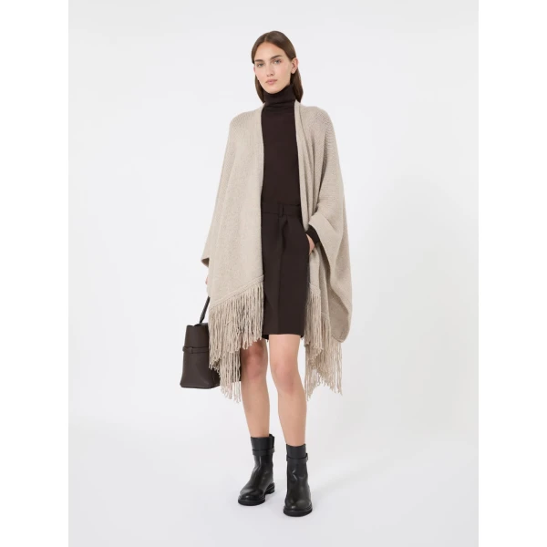 Max Mara Bacini Wool and Cashmere Fringed Cape in Beige | Jackets | Coveti