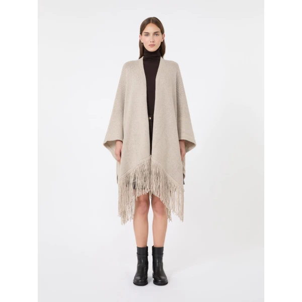 Max Mara Bacini Wool and Cashmere Fringed Cape in Beige | Jackets | Coveti