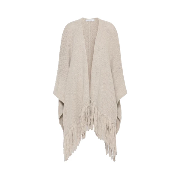 Bacini Wool and Cashmere Fringed Cape in Beige