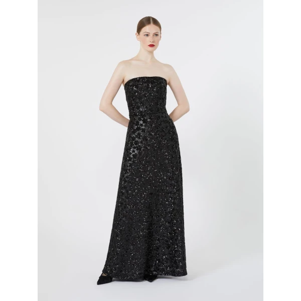 Max Mara Baffo Embroidered Tulle Bustier Gown in Black | Maxi Dresses | Coveti