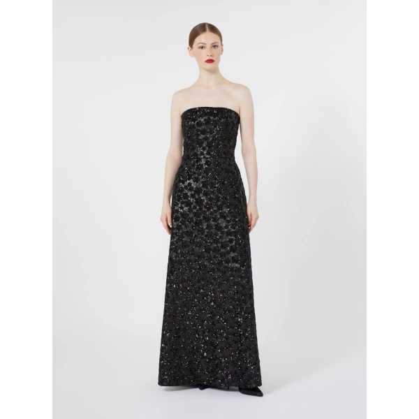 Max Mara Baffo Embroidered Tulle Bustier Gown in Black | Maxi Dresses | Coveti