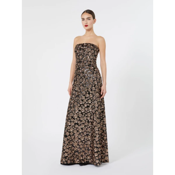 Max Mara Baffo Embroidered Tulle Bustier Gown in Bronze | Maxi Dresses | Coveti