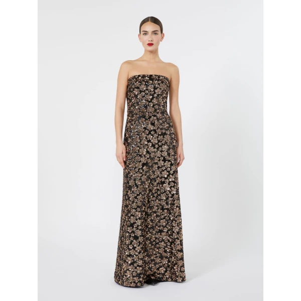 Max Mara Baffo Embroidered Tulle Bustier Gown in Bronze | Maxi Dresses | Coveti