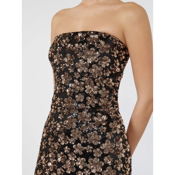 Max Mara Baffo Embroidered Tulle Bustier Gown in Bronze | Maxi Dresses | Coveti