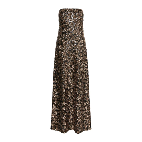 Max Mara Baffo Embroidered Tulle Bustier Gown in Bronze | Maxi Dresses | Coveti