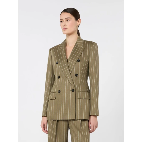 Max Mara Balta Double-Breasted Pinstripe Jersey Blazer in Khaki | Blazers | Coveti