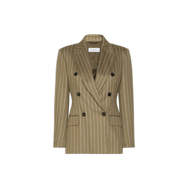 Max Mara Balta Double-Breasted Pinstripe Jersey Blazer in Khaki | Blazers | Coveti