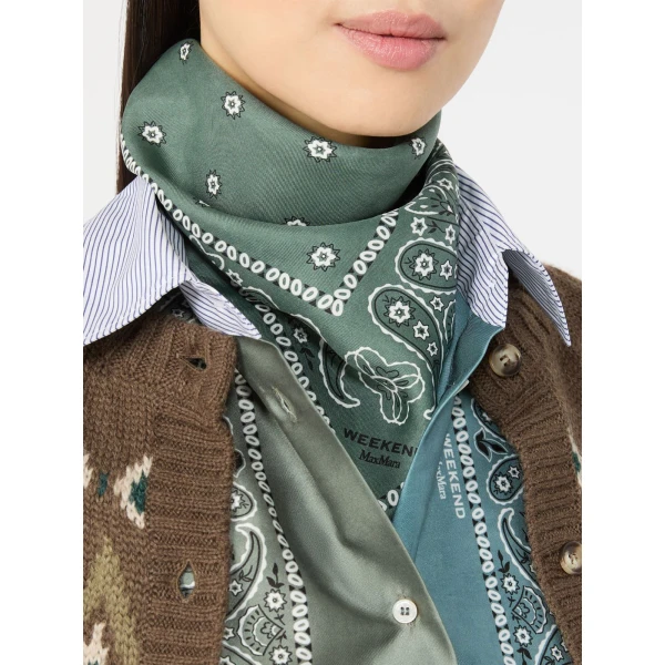 Max Mara Bandanna Print Silk Foulard in Khaki | Scarves | Coveti