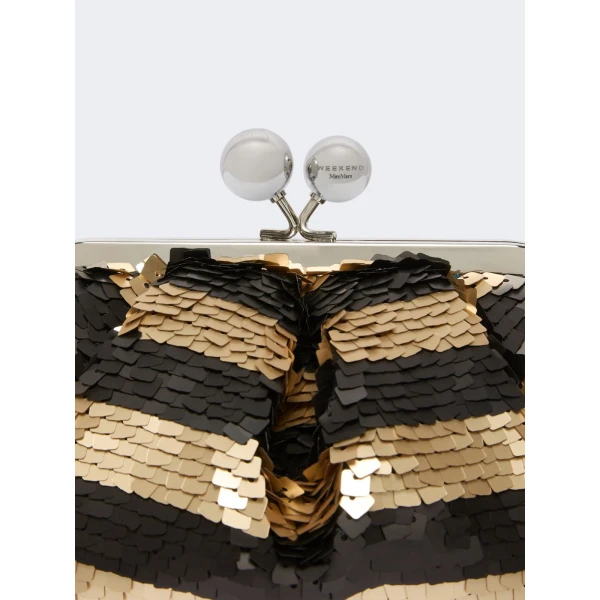 Max Mara Barca Small Pasticcino Bag with Sequin Stripes in Midnight Blue | Clutch Bags | Coveti