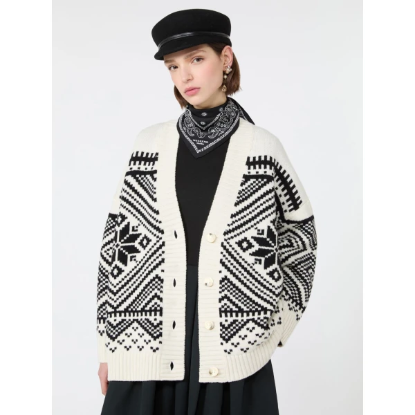 Max Mara Belgio Jacquard Wool Cardigan in Black | Cardigan | Coveti