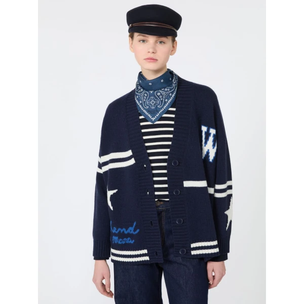 Max Mara Belgio Jacquard Wool Cardigan in Ultramarine | Cardigan | Coveti