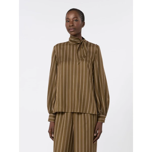 Max Mara Bingo Stripe-Print Silk Blouse in Khaki | Blouse | Coveti
