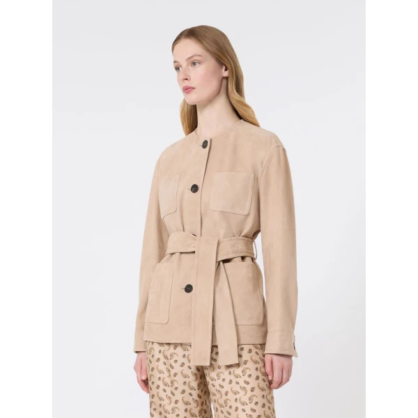Max Mara Boemia Belted Suede Jacket in Beige | Leather Jackets | Coveti