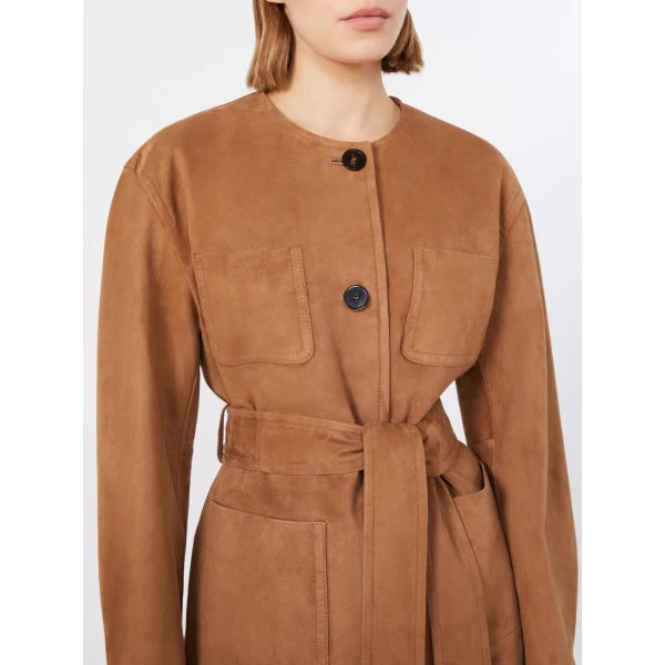 Max Mara Boemia Belted Suede Jacket in Camel | Leather Jackets | Coveti