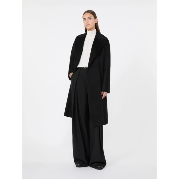 Max Mara Bombo Belted Cashmere Midi Coat in Black | Wool Coat | Coveti