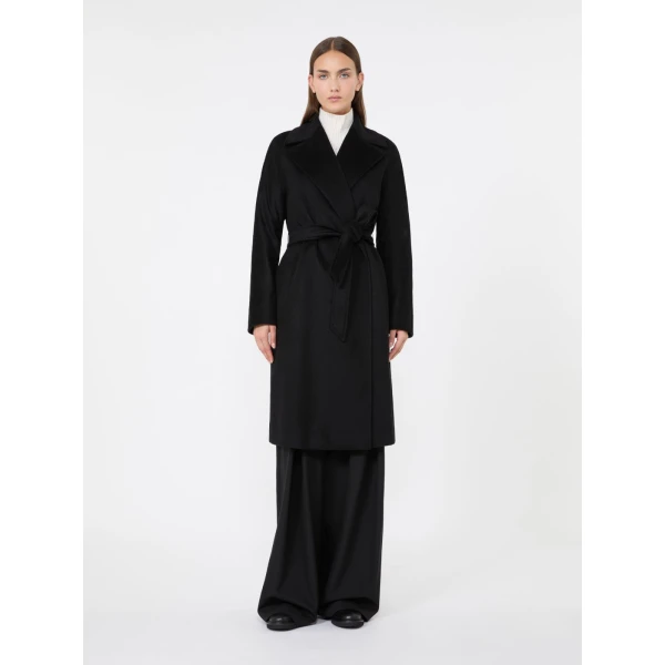 Max Mara Bombo Belted Cashmere Midi Coat in Black | Wool Coat | Coveti