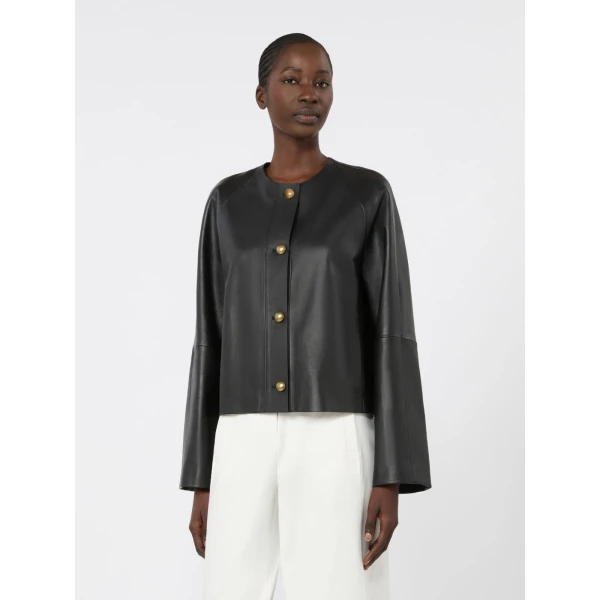 Max Mara Bouquet Nappa Leather Crew-Neck Jacket in Black | Leather Jackets | Coveti