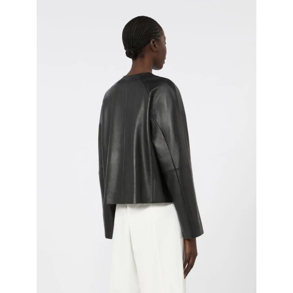 Max Mara Bouquet Nappa Leather Crew-Neck Jacket in Black | Leather Jackets | Coveti