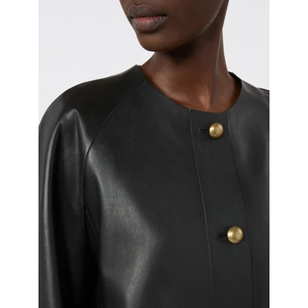 Max Mara Bouquet Nappa Leather Crew-Neck Jacket in Black | Leather Jackets | Coveti