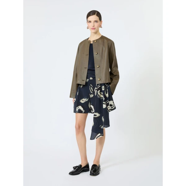 Max Mara Bouquet Nappa Leather Crew-Neck Jacket in Khaki | Leather Jackets | Coveti