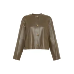 Max Mara Bouquet Nappa Leather Crew-Neck Jacket in Khaki | Leather Jackets | Coveti