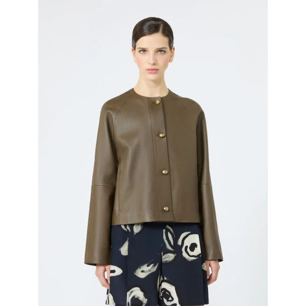 Max Mara Bouquet Nappa Leather Crew-Neck Jacket in Khaki | Leather Jackets | Coveti