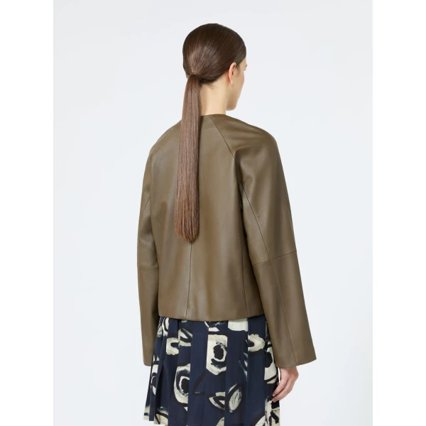Max Mara Bouquet Nappa Leather Crew-Neck Jacket in Khaki | Leather Jackets | Coveti