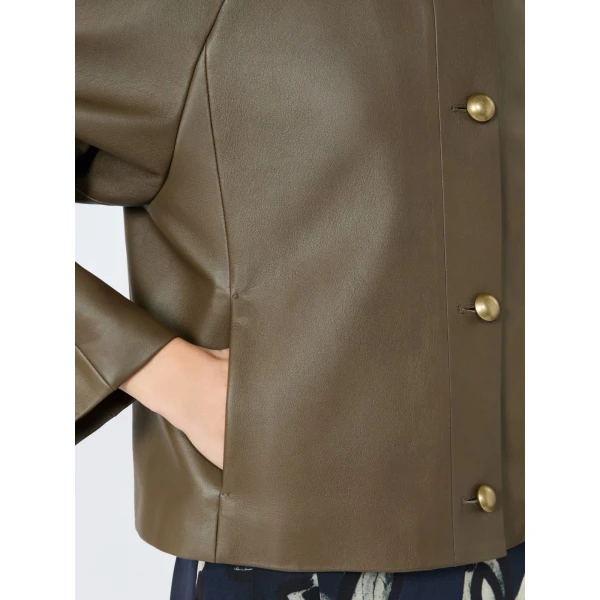Max Mara Bouquet Nappa Leather Crew-Neck Jacket in Khaki | Leather Jackets | Coveti