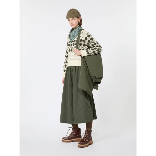 Max Mara Briose Diamond-Quilted Flared Skirt in Khaki | Midi Skirts | Coveti