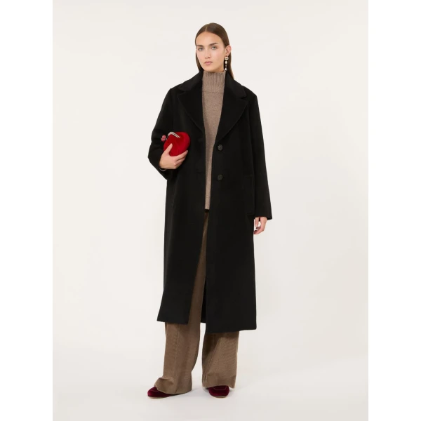 Max Mara Bronte Long Wool and Alpaca Teddy Coat in Black | Wool Coat | Coveti