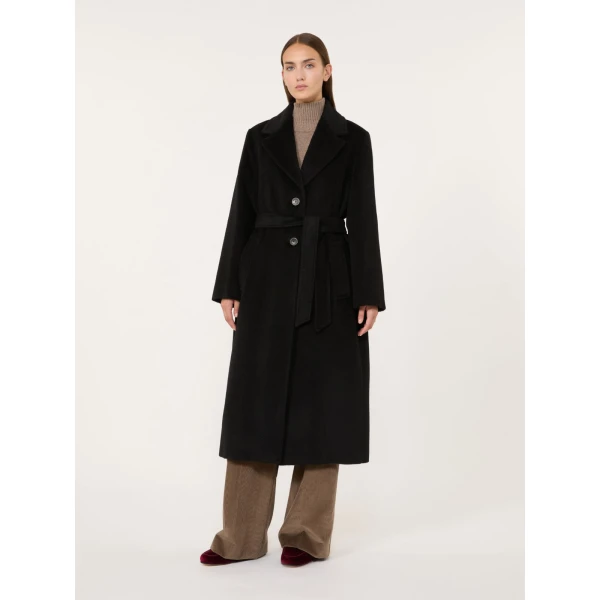 Max Mara Bronte Long Wool and Alpaca Teddy Coat in Black | Wool Coat | Coveti