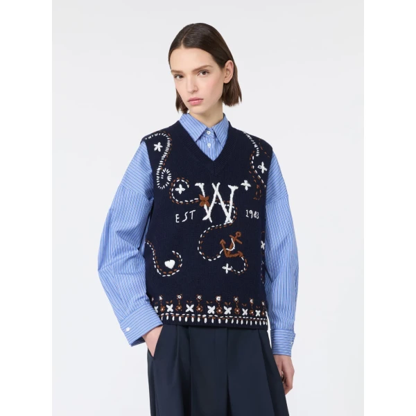 Max Mara Cacao Embroidered Wool Gilet in Ultramarine | Sweaters | Coveti