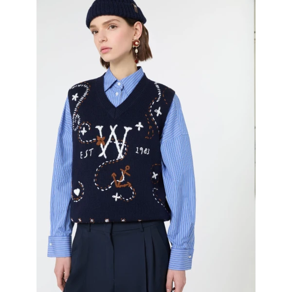 Max Mara Cacao Embroidered Wool Gilet in Ultramarine | Sweaters | Coveti